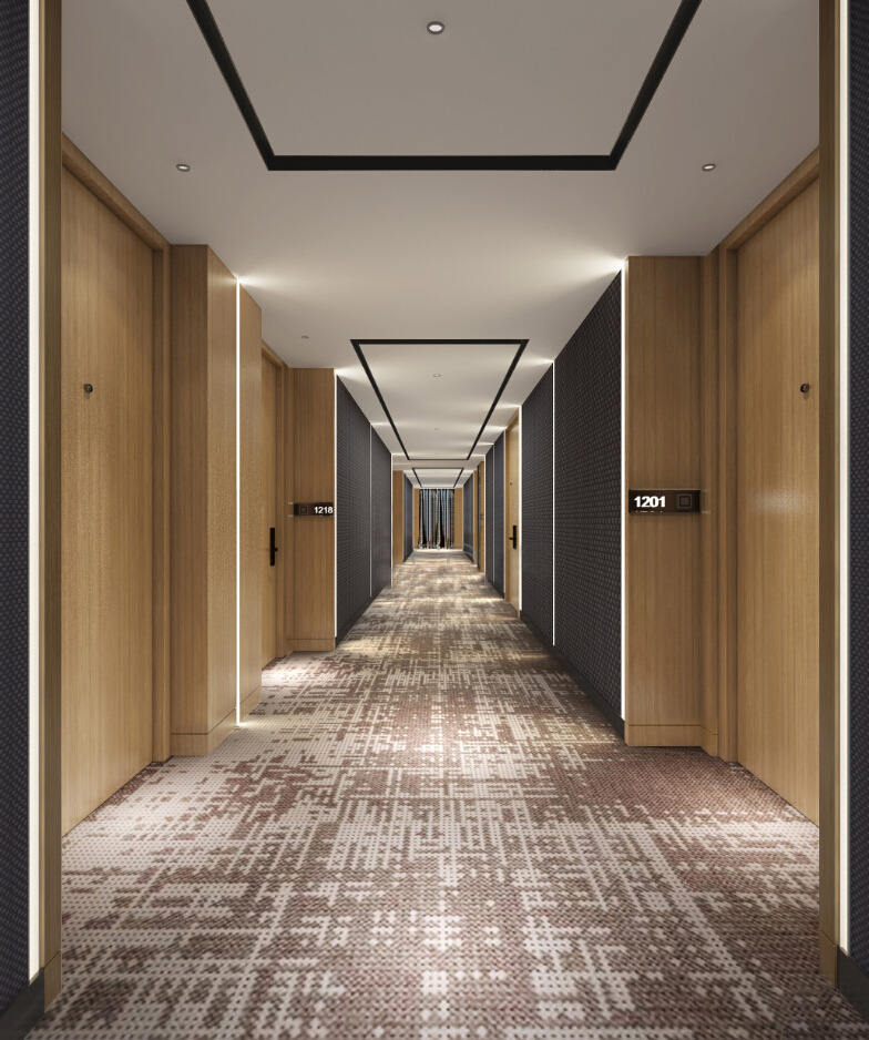 现代 时尚 酒店 走廊 褐色 地板 工装 装修 效果图 褐色地板 室内装修 酒店装修 木制背景墙 走廊装修