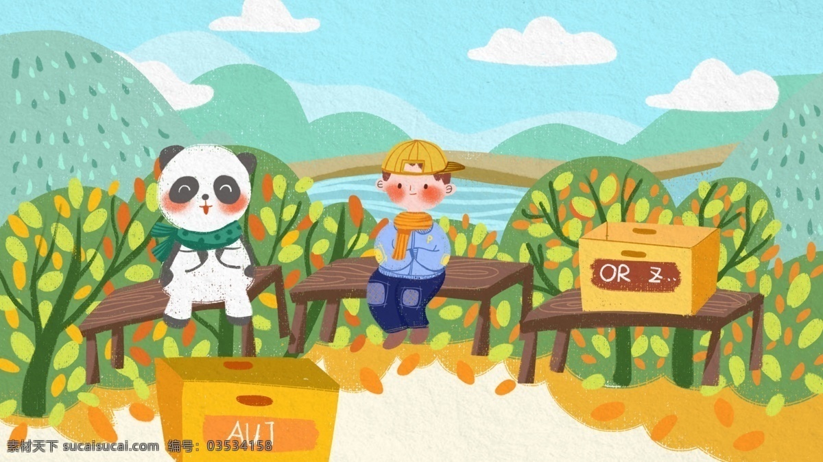 秋日 私语 男孩 小熊猫 坐在 椅子 上 温馨 插画 可爱 板凳 树木 秋日私语 山 治愈系