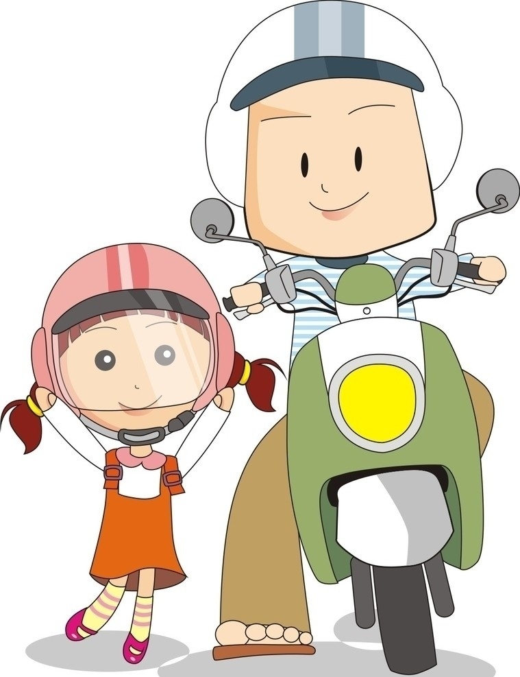 摩托 車 安全 宣导 交通安全 保護頭部 可愛漫畫 摩托車 父女 日常生活 矢量人物 矢量
