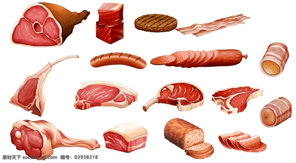 卡通 手绘 猪牛羊肉 制品 猪 牛 羊 肉制品 肉排 香肠 肉块 火腿 排骨 肉片 分层 背景素材