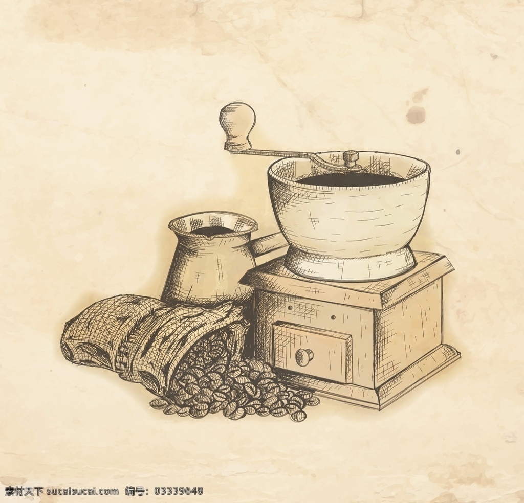 手绘 咖啡 研磨机 葡萄酒 复古 绘画 插图 咖啡豆 手工 抽纱 豆类 磨床