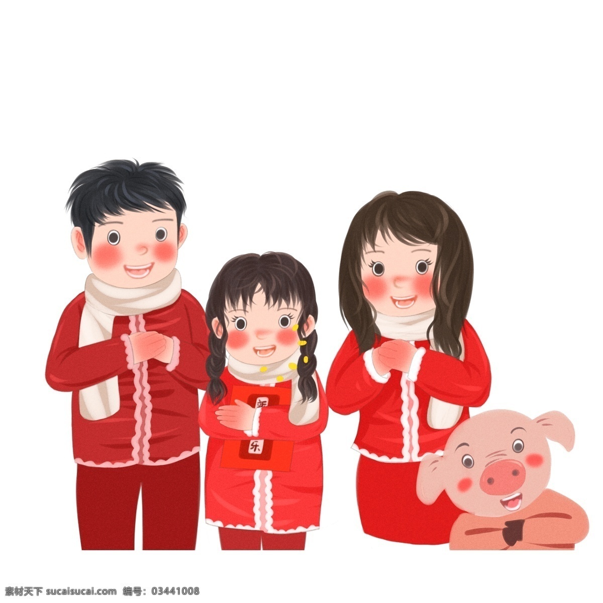 卡通 猪年 拜年 一家人 插画 元素 中国风 传统 喜庆 卡通小猪 猪宝宝 新年