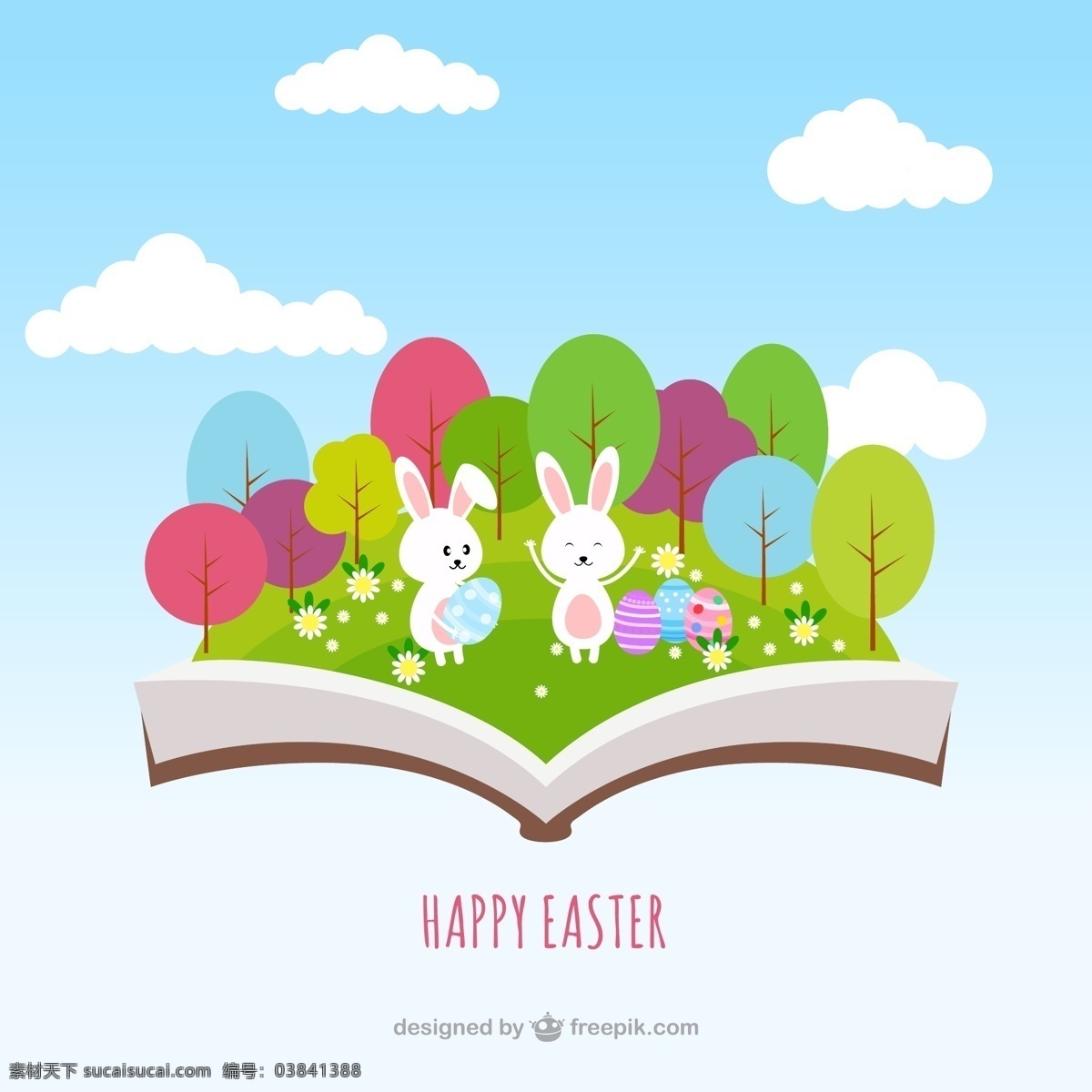 兔子 彩蛋 矢量 云朵 森林 复活节 happyeaster 书本 矢量图 ai格式 白色