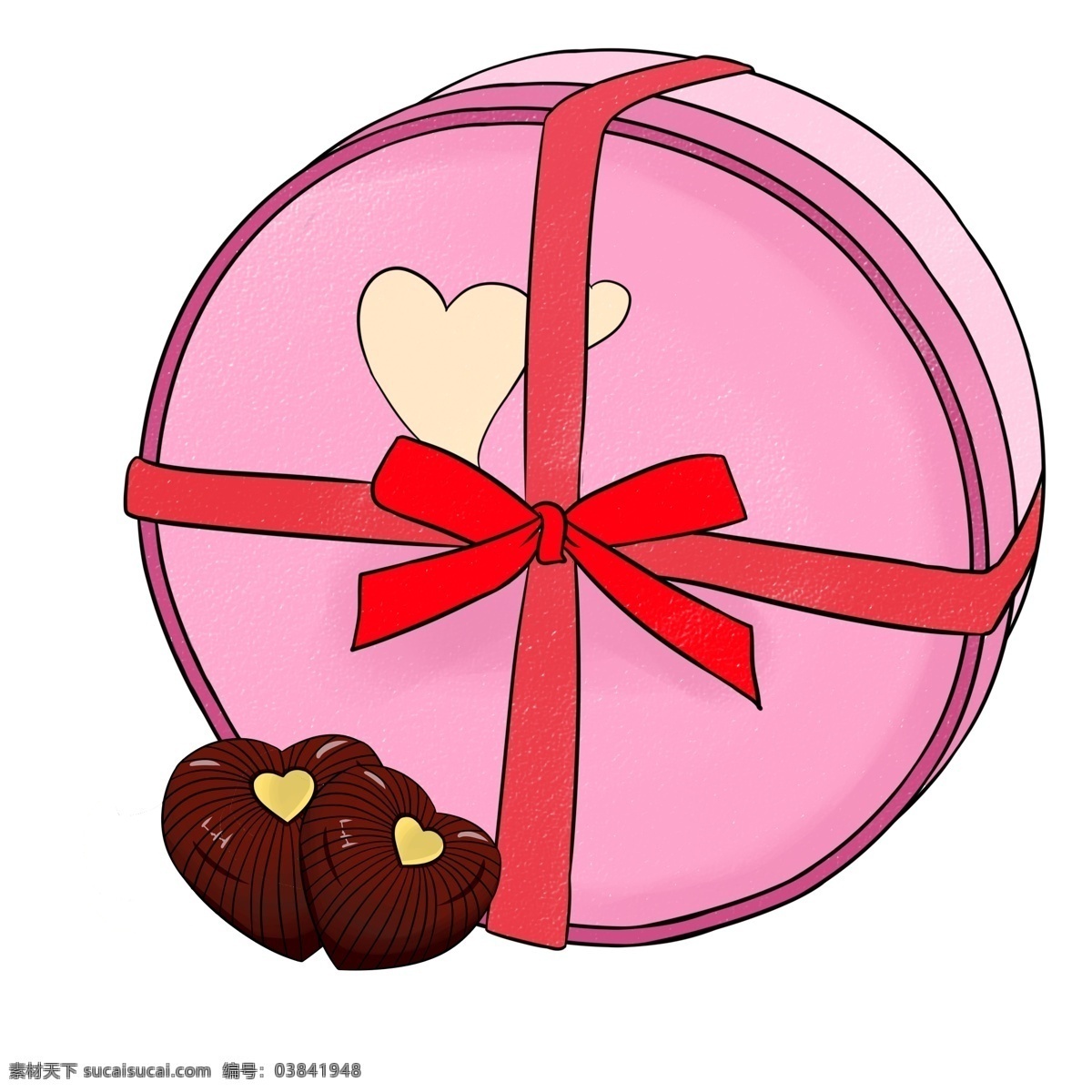 盒装 爱心 巧克力 插画 盒装巧克力 情人节礼物 爱心巧克力 粉色 圆形 礼物 盒 红色 丝带 蝴蝶结