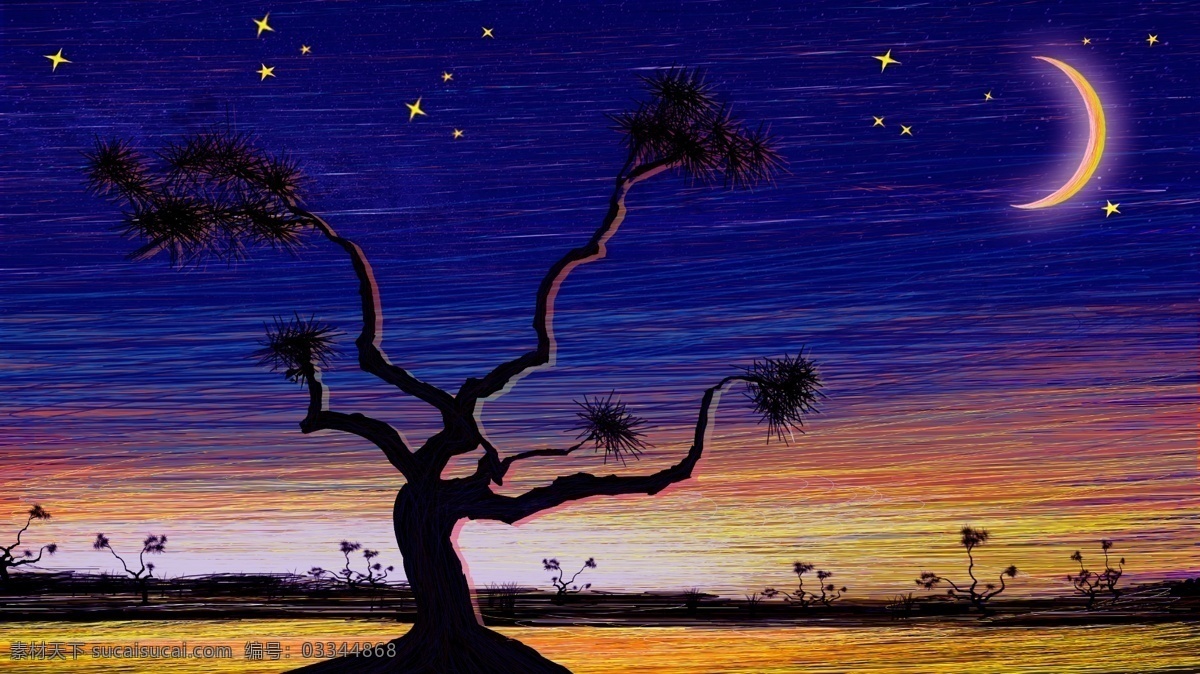 场景 插画 唯美 夜景 原创 线圈 印象 治愈 系 枯树 治愈系 线圈印象 黑夜 插画海报