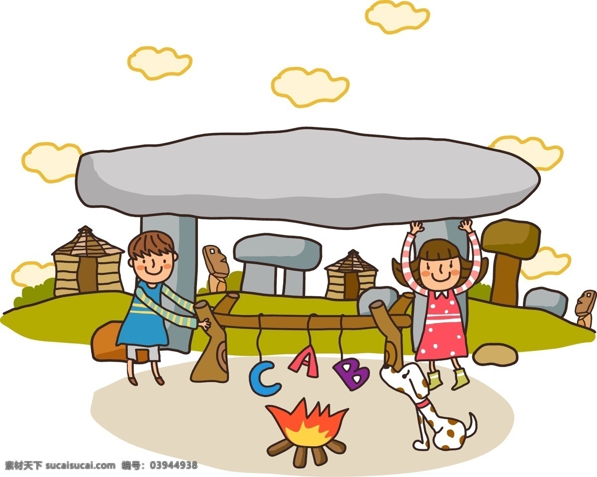 韩国 儿童教育 插画 矢量图 宠物 儿童 房屋 篝火 教育 模板 设计稿 小男孩 小女孩 小狗 字母 石像 云朵 素材元素 源文件