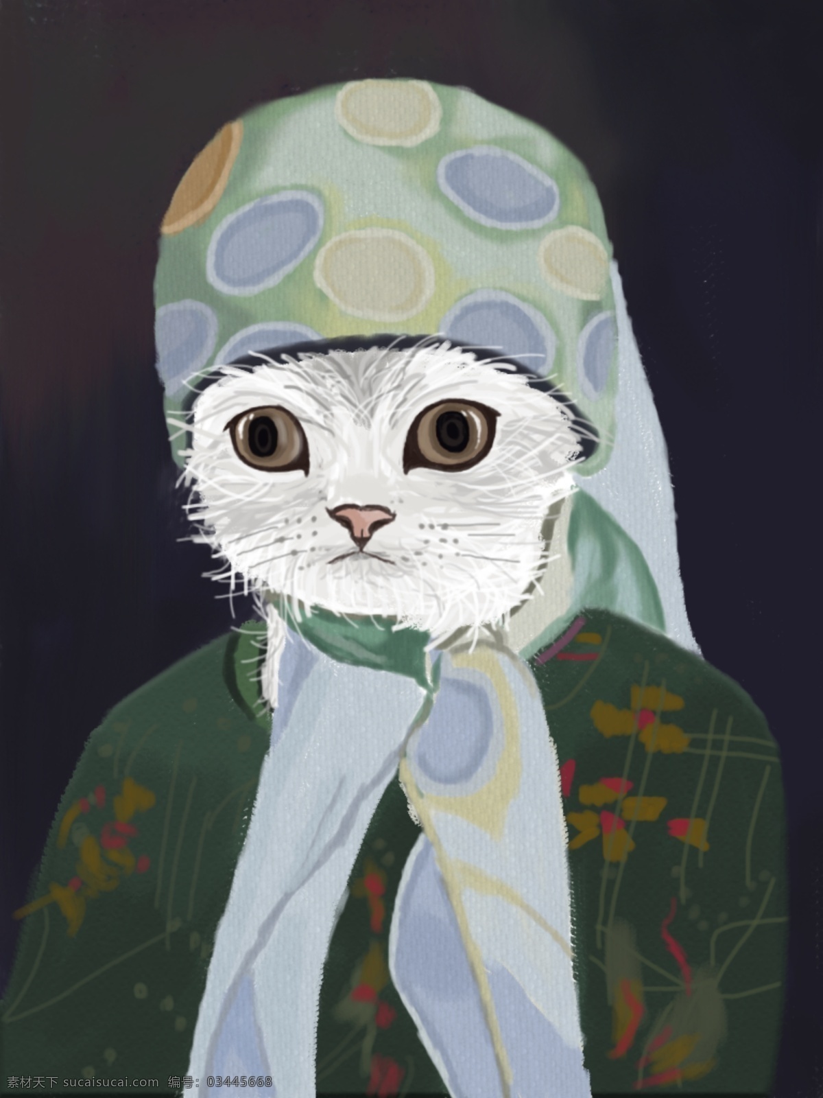 喵 记 印象 仿 油画 原创 插画 卡通 复古 猫咪 仿油画 绿色 手绘 喵记印象