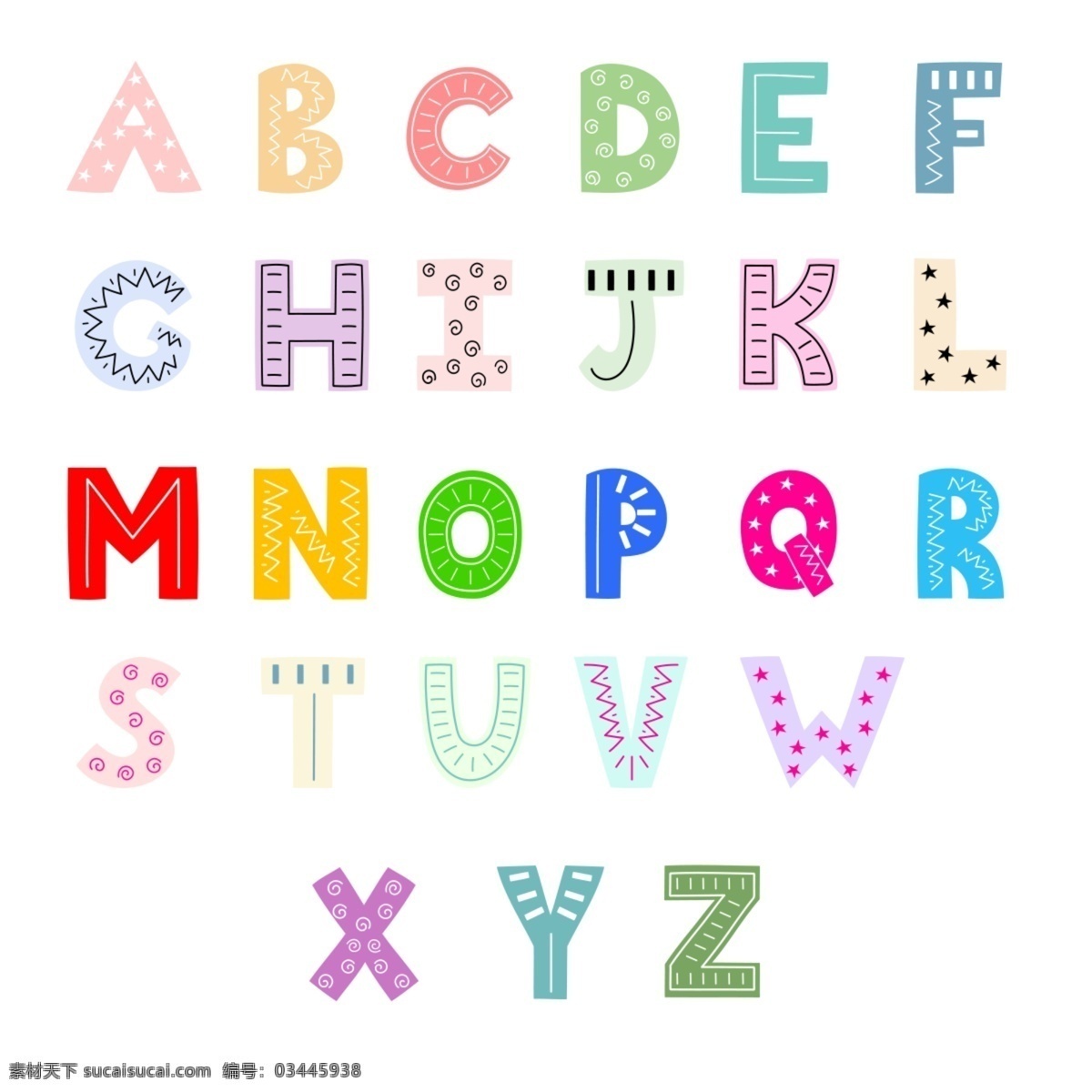 英文 字母 可爱 卡通 纯色 手绘 艺术 字 艺术字 字母表 大写字母 英文字母 简约 扁平化 小清新 线条