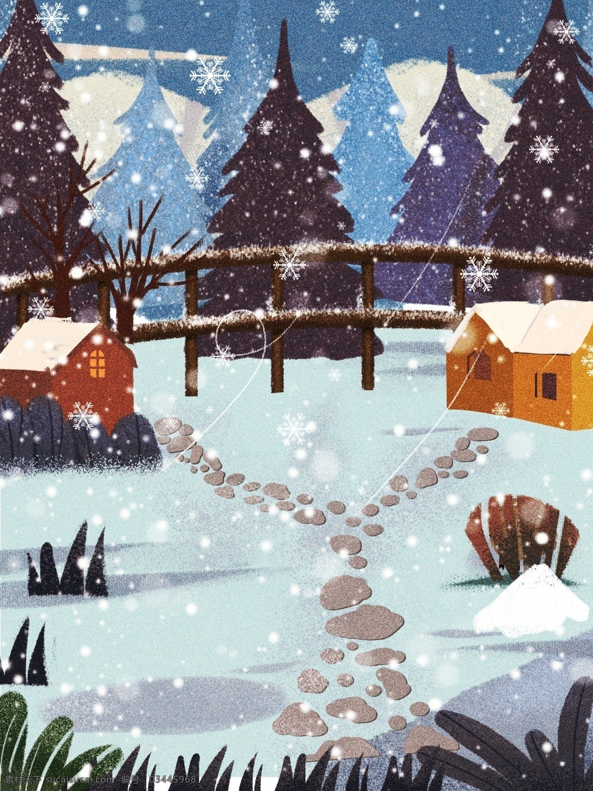 唯美 冬天 下 大雪 背景 图 风景 大雪节气 小雪 中国风节气 背景设计 雪景 彩绘背景 房屋