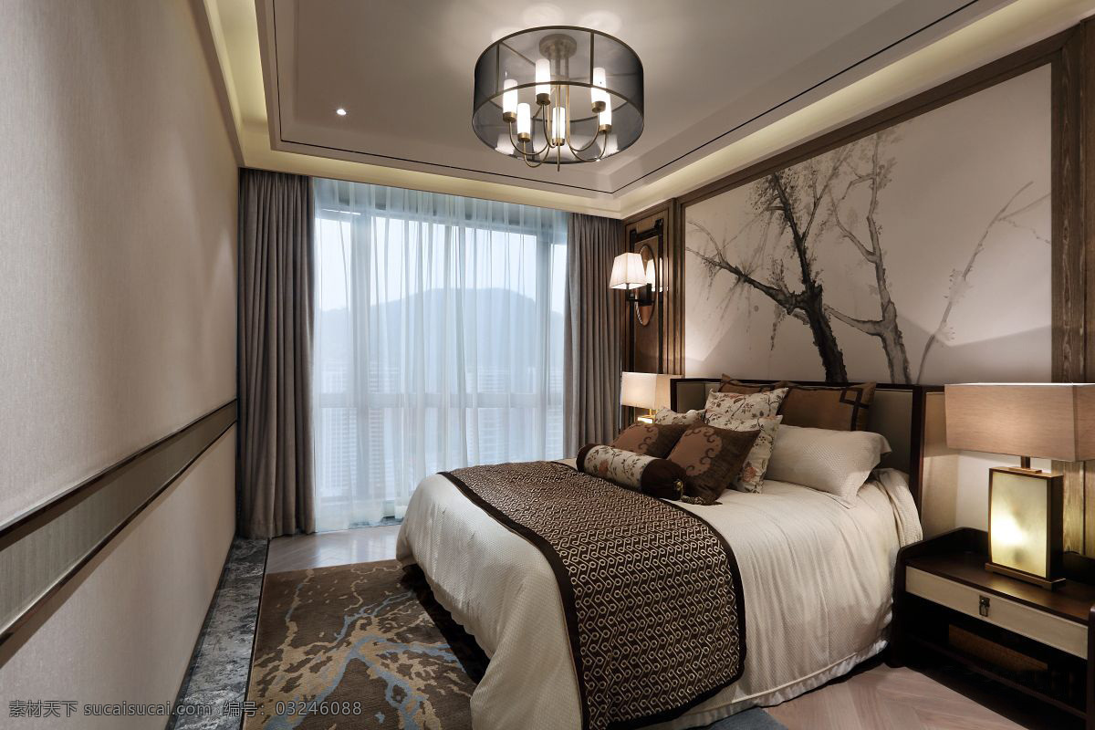 简约 卧室 水晶灯 装修 效果图 方形吊灯 灰色窗帘 台灯 床头柜 地毯 木地板