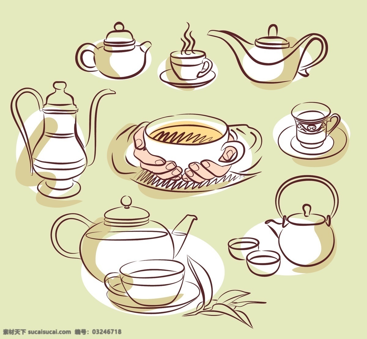 茶壶 茶杯 矢量 卡通 矢量素材 手绘 线稿 矢量图 日常生活