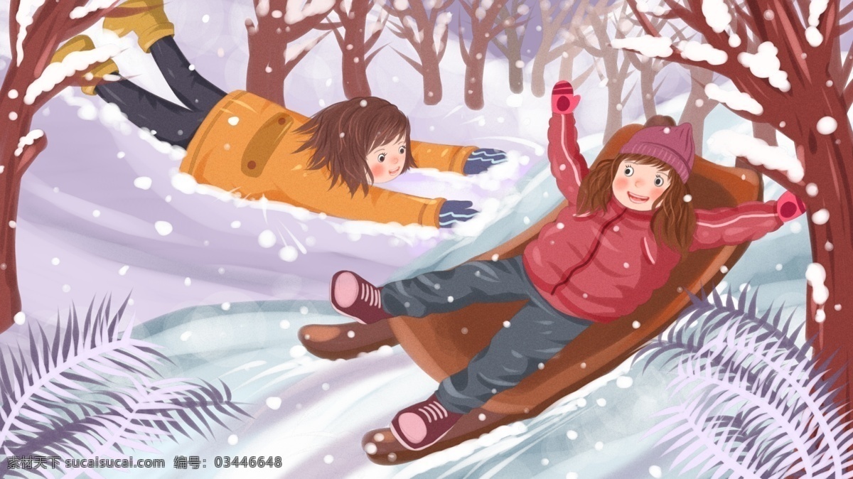 冬天 你好 雪地 里 玩 雪 小女孩 扁平 插画 女孩 树林 植物 冬天你好 雪橇 玩雪 积雪 下雪 白色