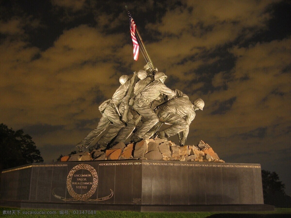 美国 海军陆战队 战争 纪念馆 夜 硫黄岛 军事 纪念碑 爱国 国旗 点亮 照明 历史 二次世界大战 荣誉 建筑园林 雕塑