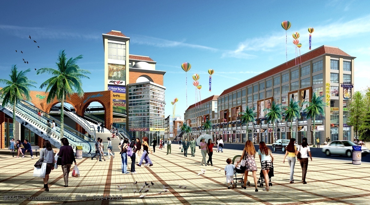 商业街透视 步行街 电梯 画报 环境设计 建筑设计 垃圾桶 楼梯 路 气球 商业 鸟 展板 汽车 棕榈 美食广场 家居装饰素材