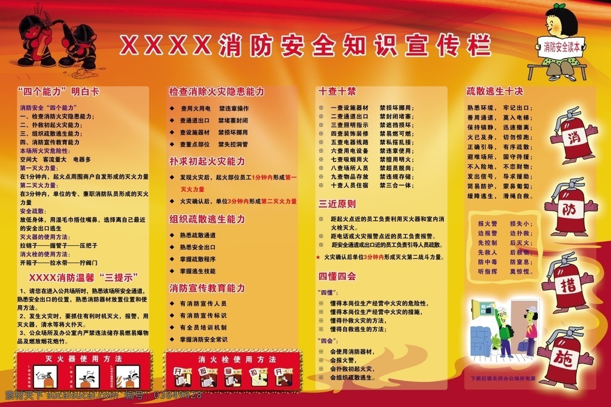 消防 安全 知识 宣传栏 防火知识 消防员 卡通消防员 消火栓 卡通消火栓 卡通人 使用方法 消防宣传栏 展板模板 广告设计模板 源文件