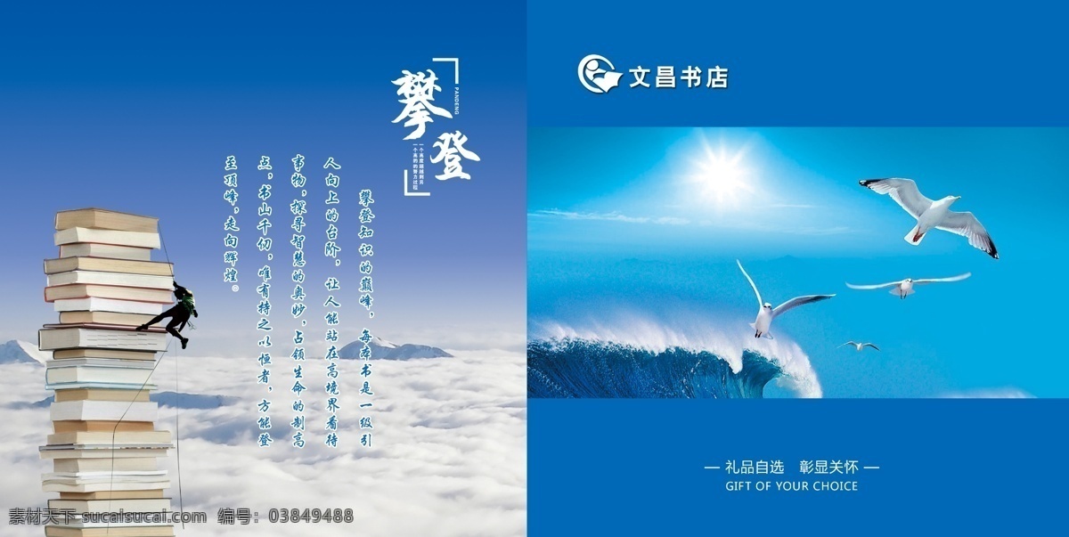 二折页 封面 蓝色 海鸥 祝福 攀登 书本 太阳 蓝天