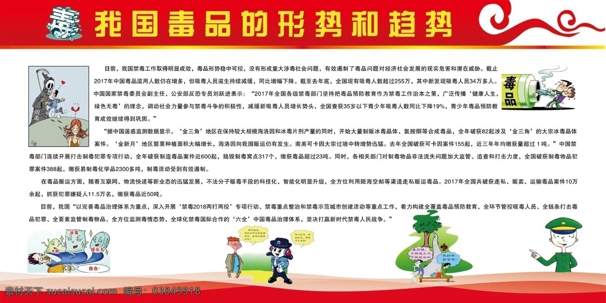 毒品 形势 趋势 打击犯罪 抵制毒品 漫画小人 红色背景 毒品危害 拒绝毒品 禁毒标志 展板系列