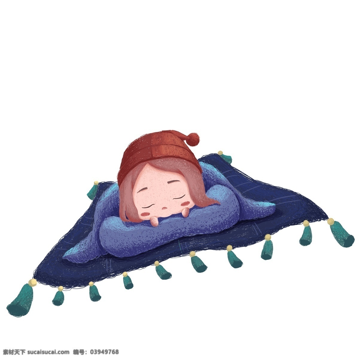 彩绘 毯子 上 睡觉 女孩 线圈 印象 插画 毛毯 晚安 飞毯 线圈印象