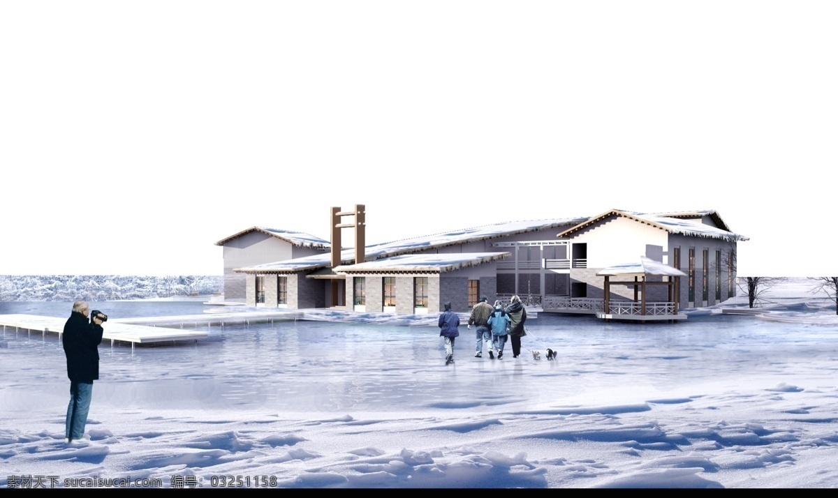 别墅 雪景 冬季景观 效果图 分层 源文件 psd源文件 设计素材 分层效果 建筑装饰 白色