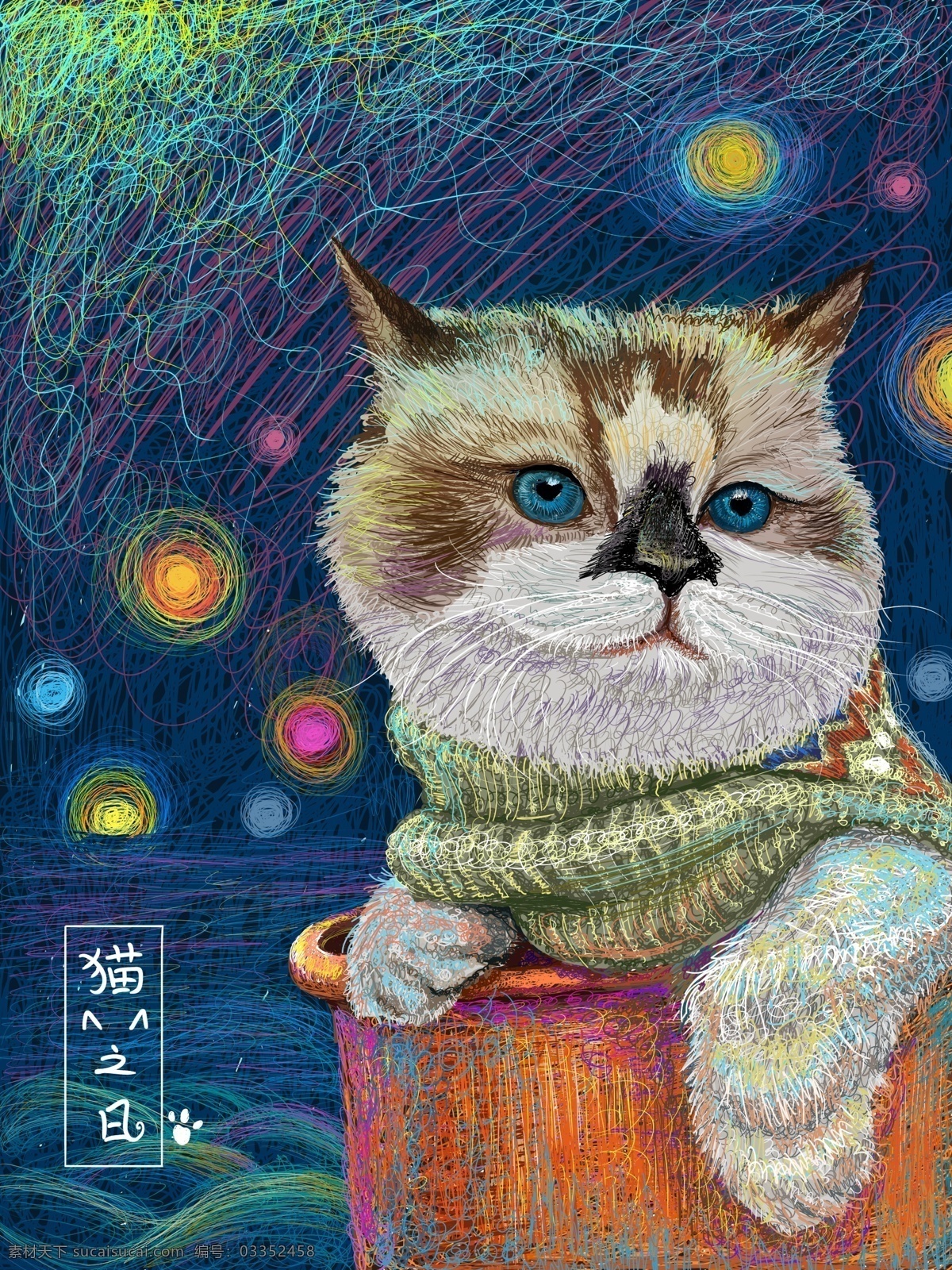 猫 日 治愈 系 插画 极光 海面 上 围着 围巾 蓝色 星光 可爱 猫之日 治愈系 线圈插画 配图