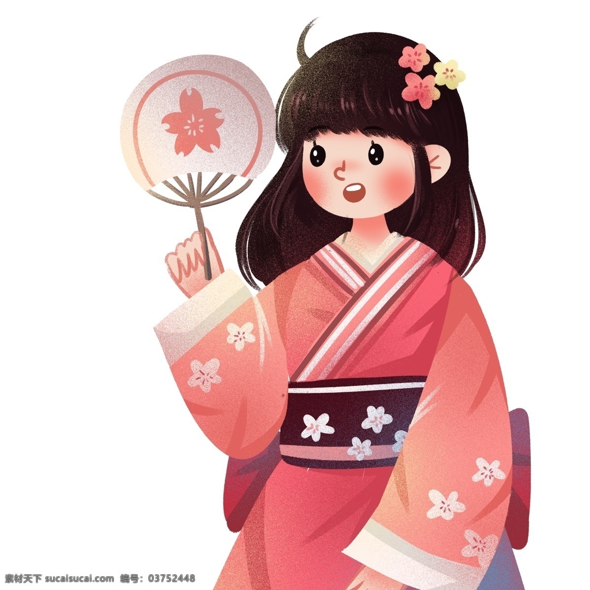 手绘 头 戴 樱花 手 扇子 穿着 和服 女孩 卡通 日本 少女 女生 插画 人物设计 可爱少女