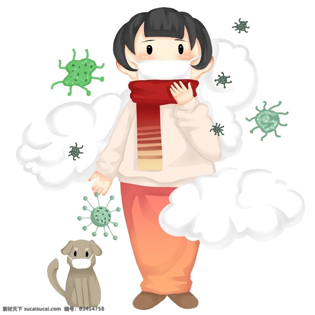 手绘 卡通 冬季 预防 感冒 插画 防流感插画 防流感 病菌 小狗狗 雾霾 污染的空气 病毒 很多病菌
