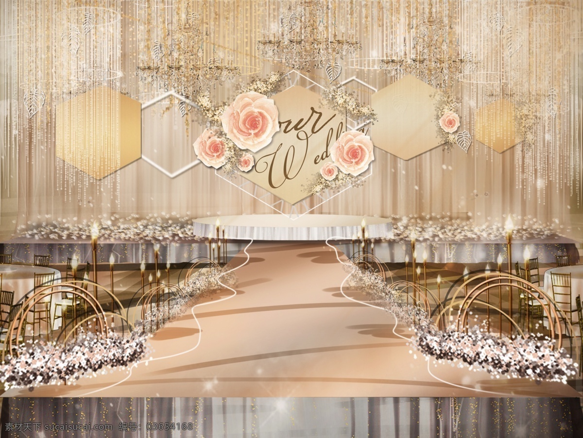 香槟 色 异形 花朵 婚礼 效果 香槟色 异形板 花朵婚礼 婚礼效果设计 水晶灯婚礼