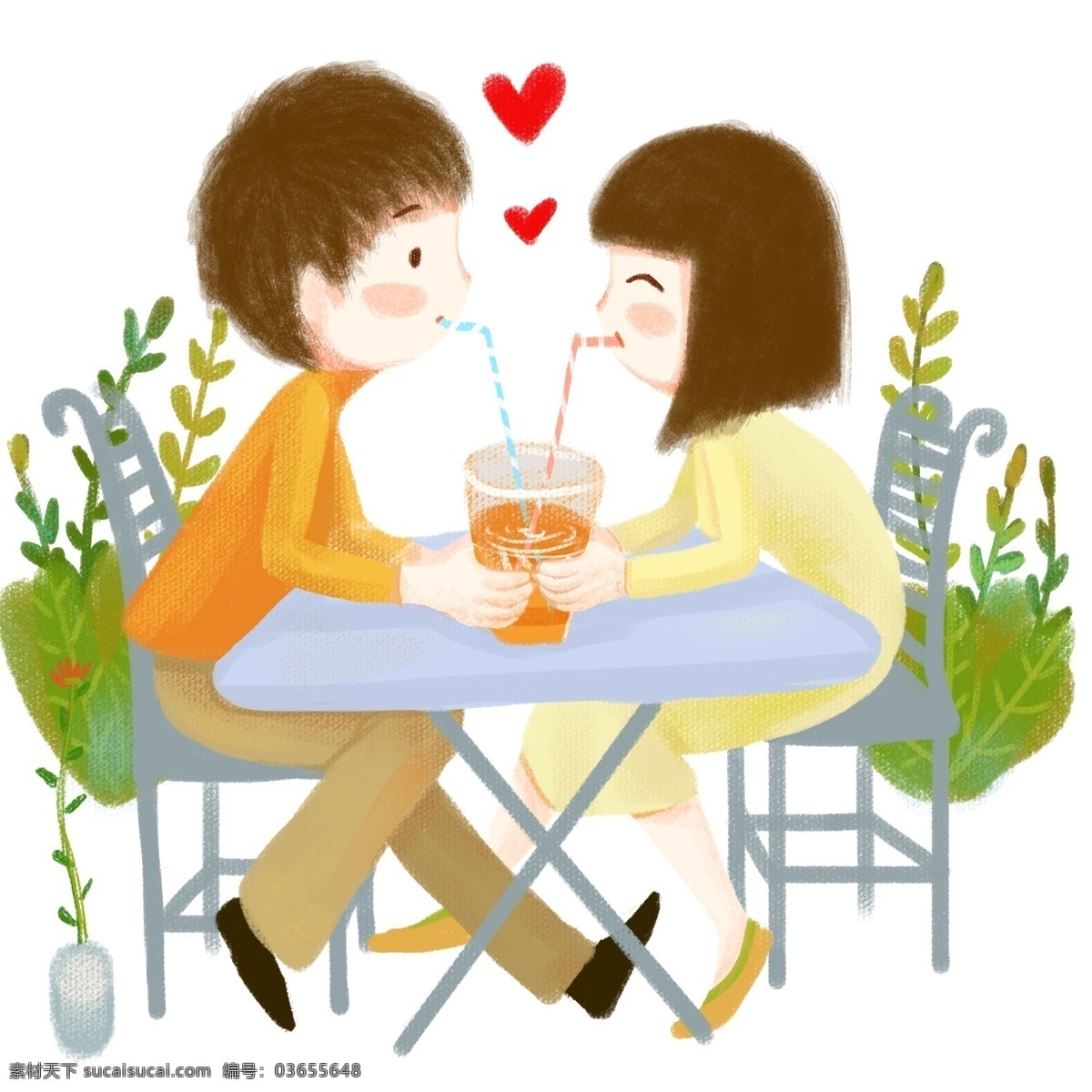 情人节 喝 饮料 情侣 人物 插画 绿色的植物 黄色的饮料 红色的桃心 灰色的桌子 恩爱的情侣