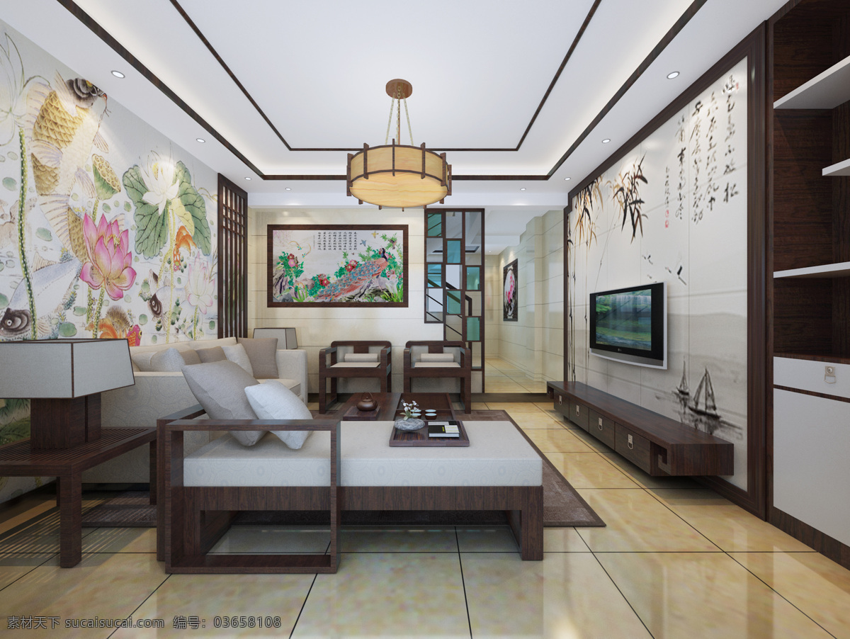 中式客厅 中式风格 半吊 墙面玻化砖 木线条 电视背景墙 3d设计