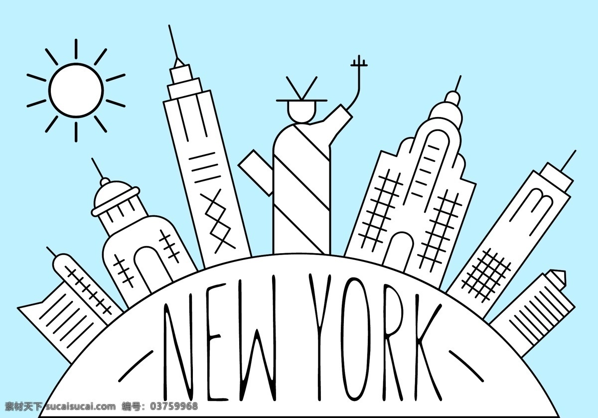 纽约自由插画 新 约克 薄 线 城市 图标 雕像 自由 背景 孤立 旅游 建筑 插图 天际线 美国 白色 线条 平面 象征 概念 轮廓 圆形 定制