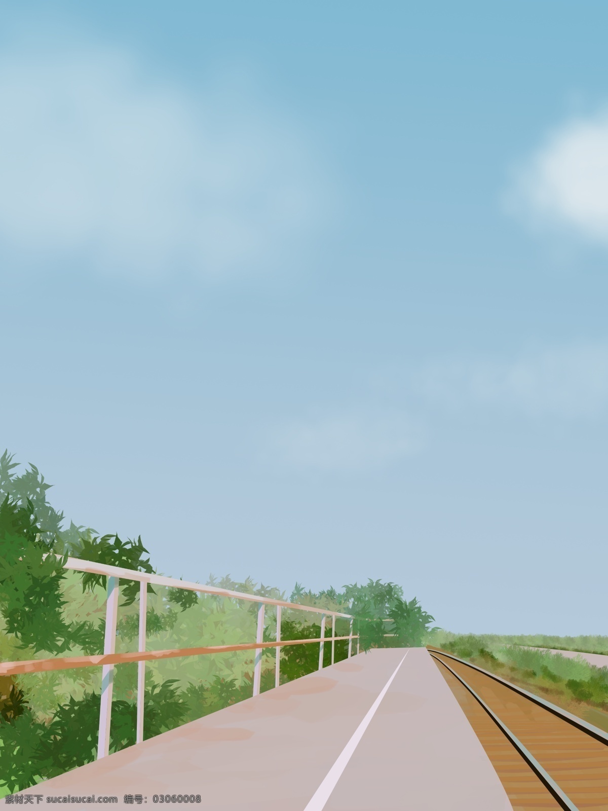 原创 插画 安静 小路 风景 场景 清新 唯美 日系 铁路 天空 朴素 创新 公路 美