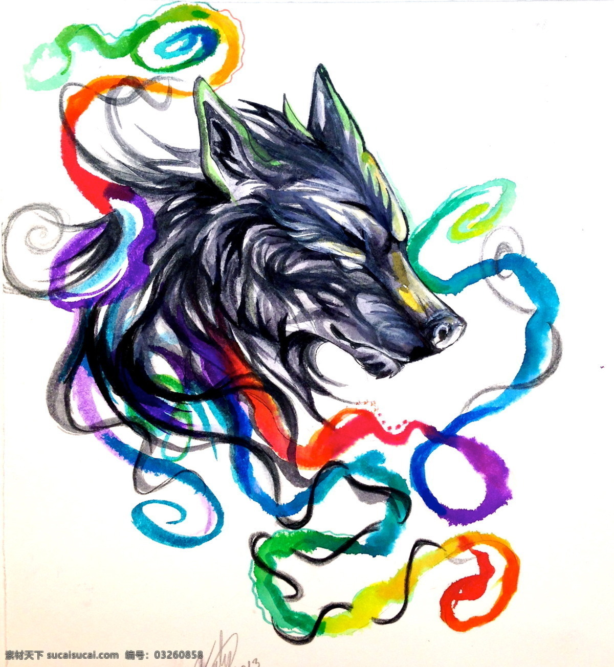 彩虹 彩虹色 彩铅 插画 浮云 绘画书法 狼 设计素材 模板下载 狼浮云插画 豺狼 训狼 狼孩 云朵高清 彩色墨水 文化艺术