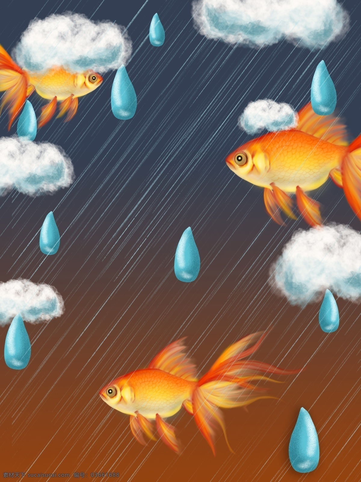 卡通 手绘 雨天 金鱼 插画 背景 金鱼插画 通用背景 广告背景 背景素材 彩色背景 下雨天 雨季