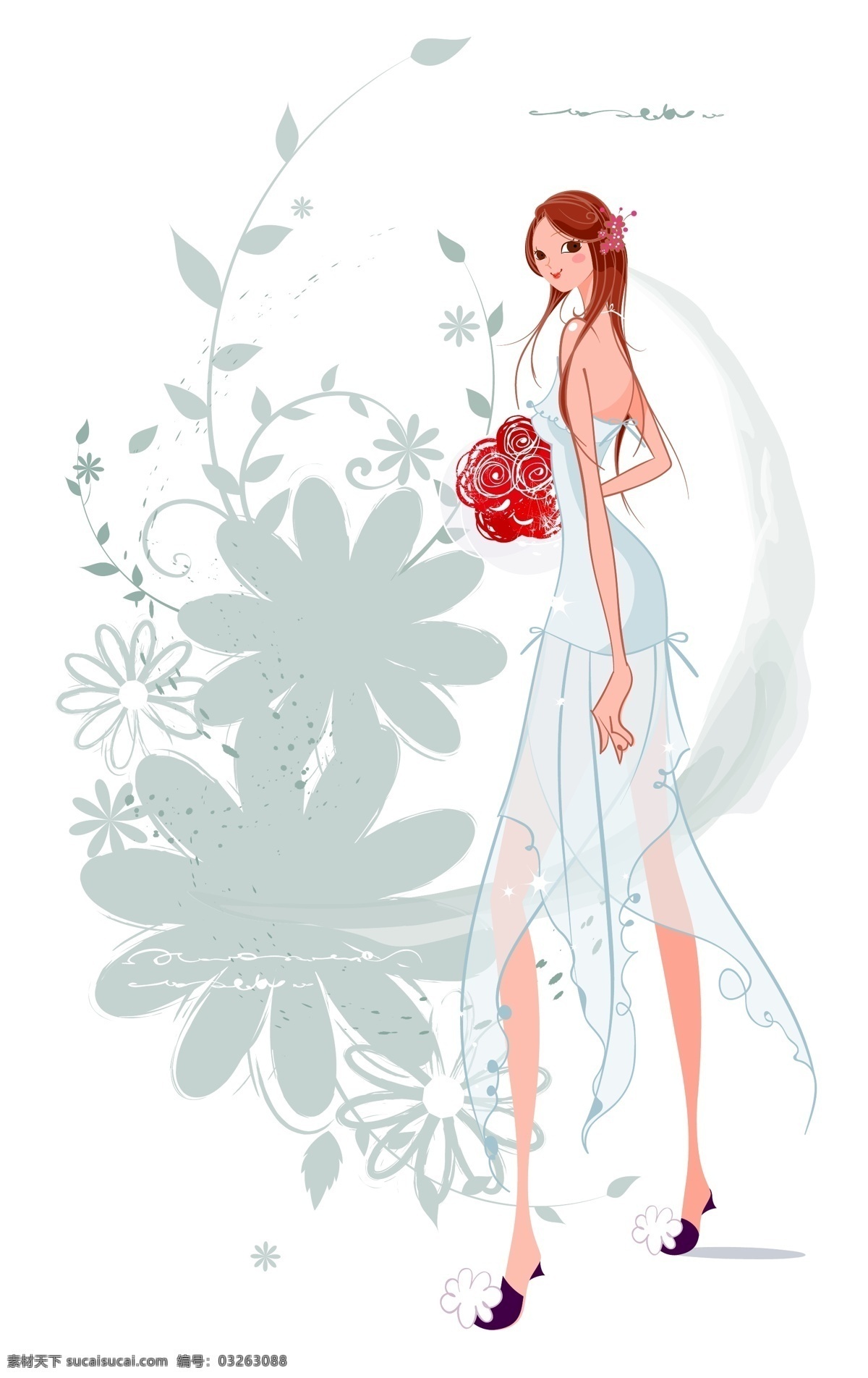 穿着 蓝色 礼服 新娘 婚庆 插画 插画新娘 蓝色礼服 红玫瑰捧花 花卉 手绘卡片 婚礼贺卡 手绘画 白色