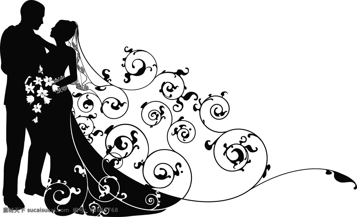 婚礼剪影 婚礼 结婚 婚纱 鲜花 花束 花纹 花边 动感 线条 男女 女人 情侣 恋爱 夫妻 爱人 剪影 矢量素材 日常生活 矢量人物 矢量