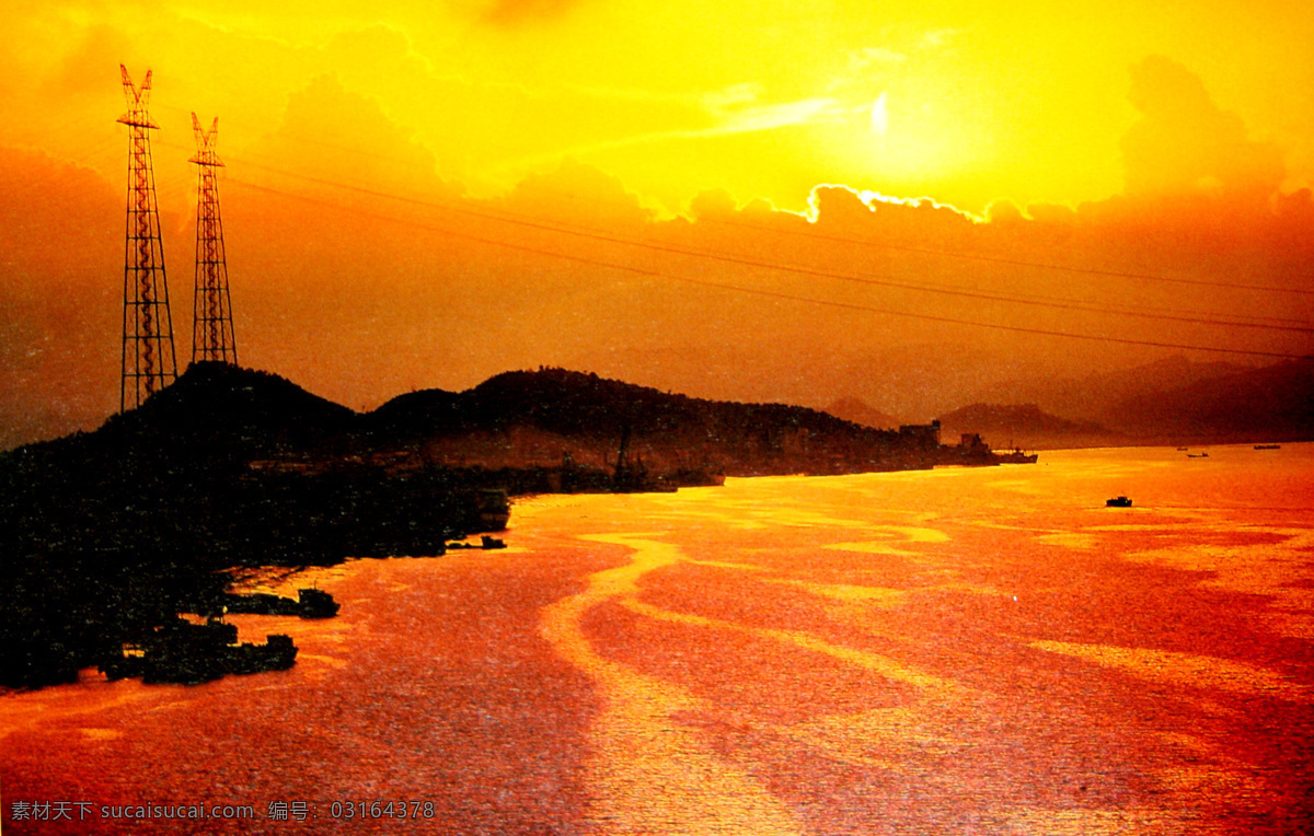 金河 黄昏 夕阳 红太阳 河流 电缆 自然风景 自然景观