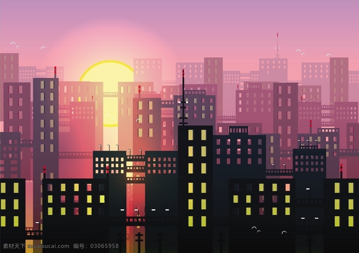 手绘 城市 天际线 夕阳 背景 城市天际线 夕阳背景