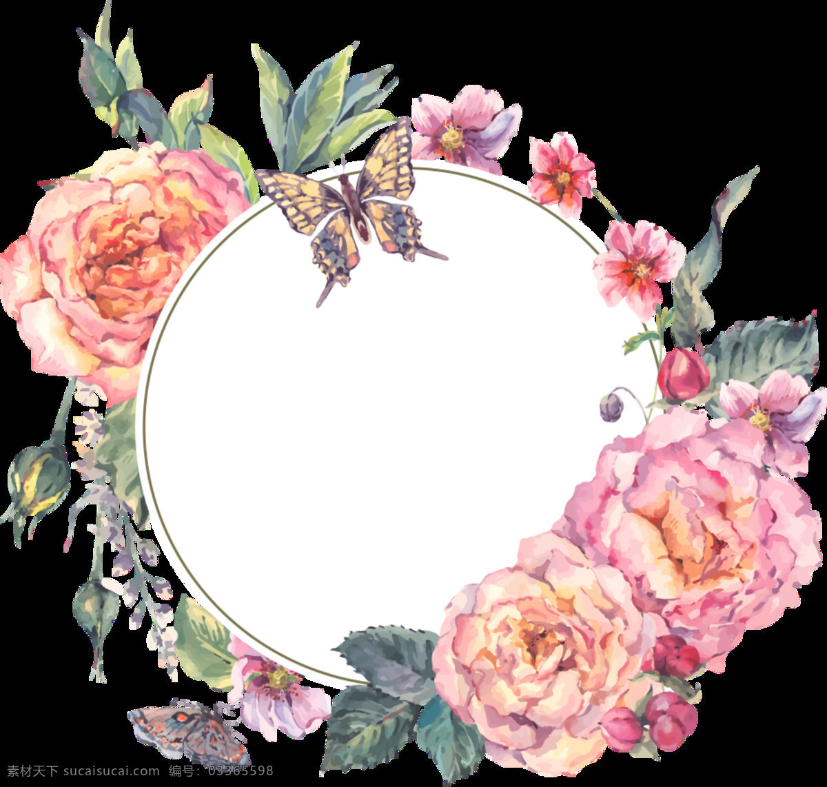 粉色 牡丹花 手绘 花环 装饰 元素 边框 春天 淡雅 绿叶 手绘小清新 圆形