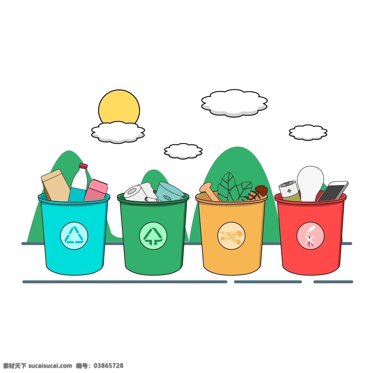 扁平化 环卫 工人 节 垃圾 分类 元素 图标 垃圾分类 可回收垃圾 其他垃圾 厨余垃圾 有害垃圾 垃圾桶 装饰 装饰图案