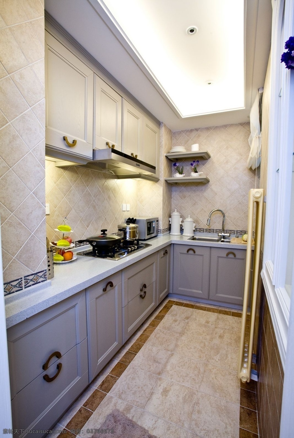 l 型 简约 风 室内设计 厨房 效果图 现代 料理台 白色 调 地砖 壁柜 吊柜 家装