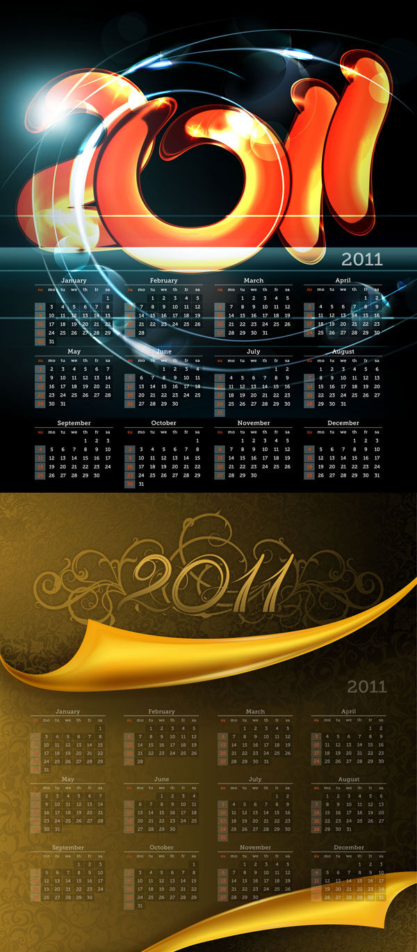 2011 年 日历 模板 矢量 炫 字体变形 华丽 数字 日期 星期 黑色