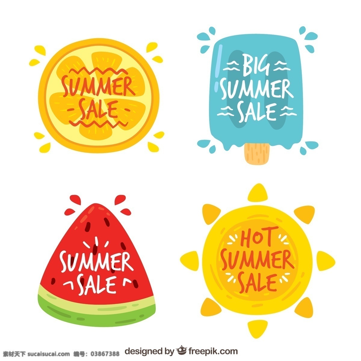 款 彩绘 夏季 元素 促销 标签 橙子 雪糕 西瓜 太阳 销售 标志图标 其他图标