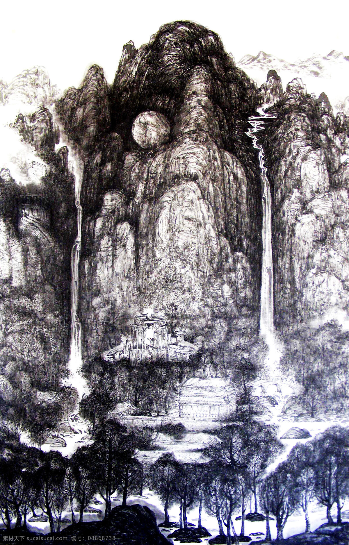 房屋 高山 高山流水 工笔画 古迹 古建筑 国画 国画艺术 山水画 画 水墨画 山水 山岭 瀑布 溪流 树木 云雾 桥 书法 印章 中国水墨画 绘画书法 文化艺术 家居装饰素材 雕刻 图案