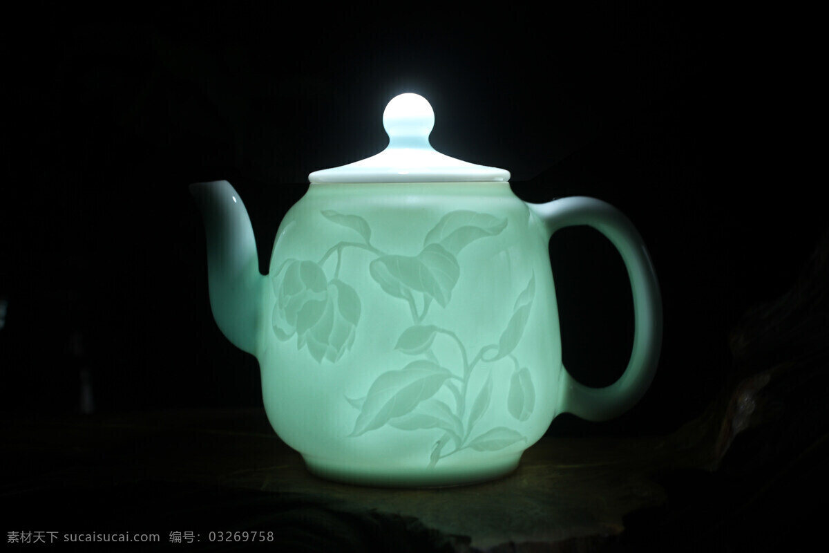 景德镇 影 青瓷 茶壶 灯光 效果 瓷器 陶瓷 影青釉 影青瓷 印青瓷 茶具 茶杯 生活百科 生活素材