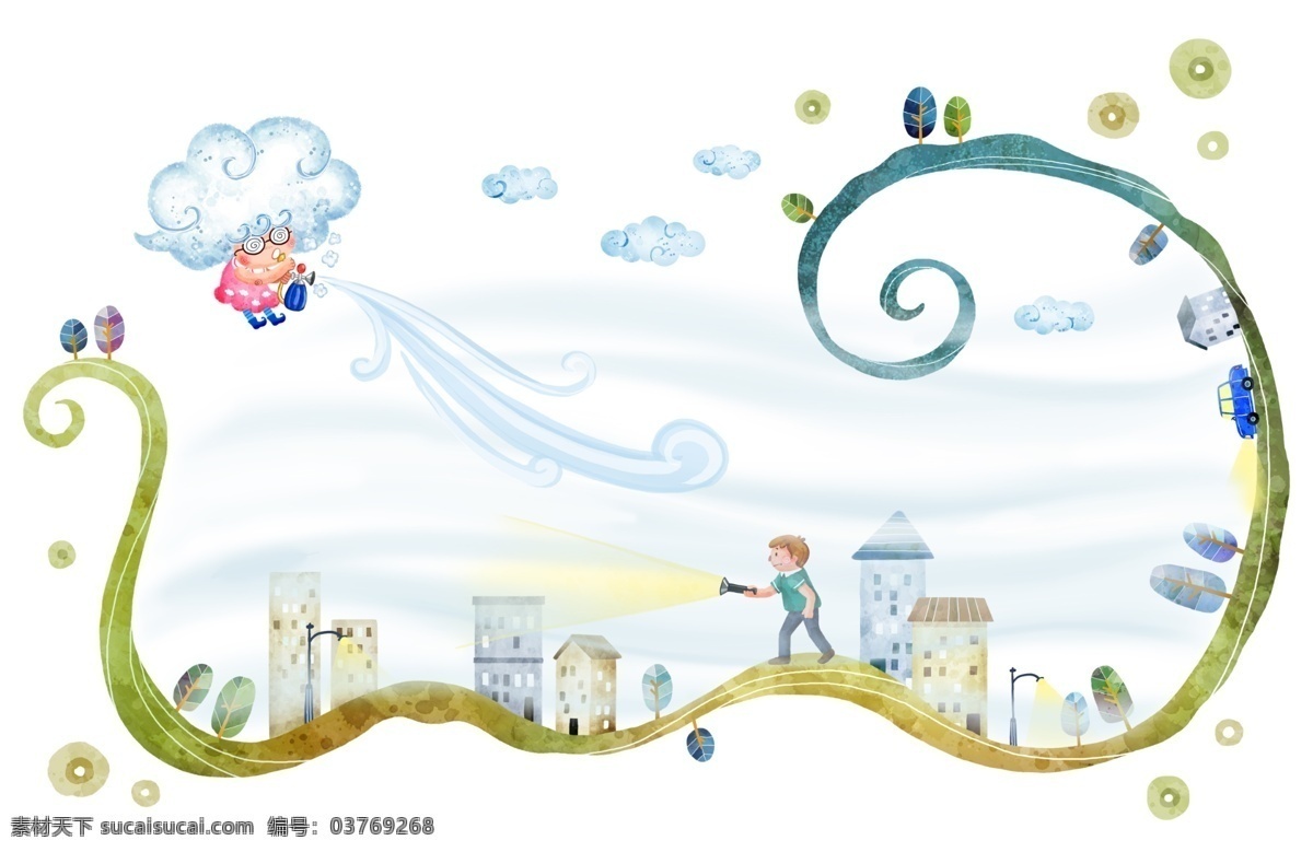 可爱 插画 可爱插画 免费素材 免费素材模板 素材模板 小孩子 云朵 psd源文件