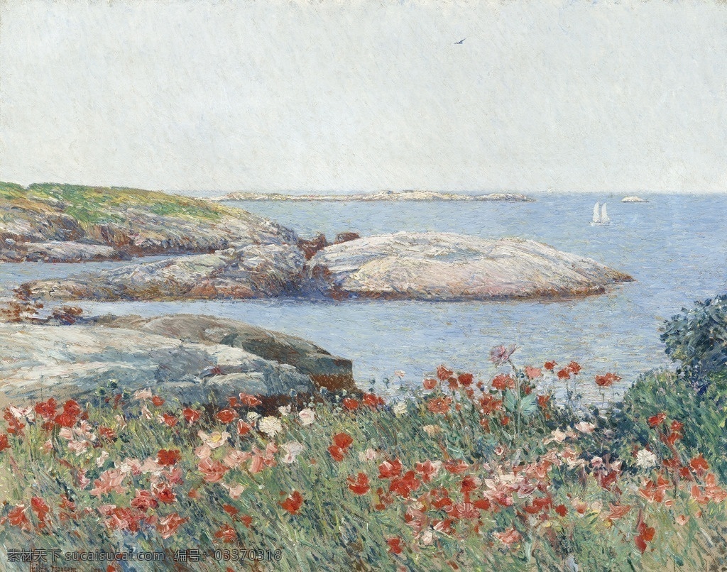 海岸 蔚蓝 大海与天空 海岛 盛开的鲜花 绿油油 19世纪油画 油画 文化艺术 绘画书法