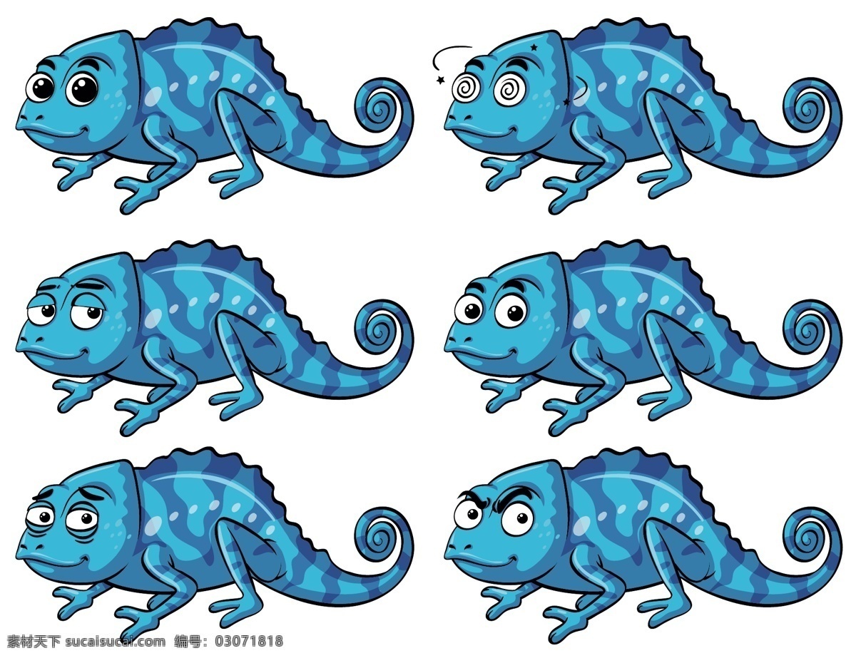 蓝 蜥蜴 六 种 不同 感情 背景 蓝色的背景 自然 蓝色 人物 卡通 动物 可爱的 艺术的 快乐的 白色的背景 图形 热带 绘图 白色 剪贴簿 自然背景 有趣 的卡 通
