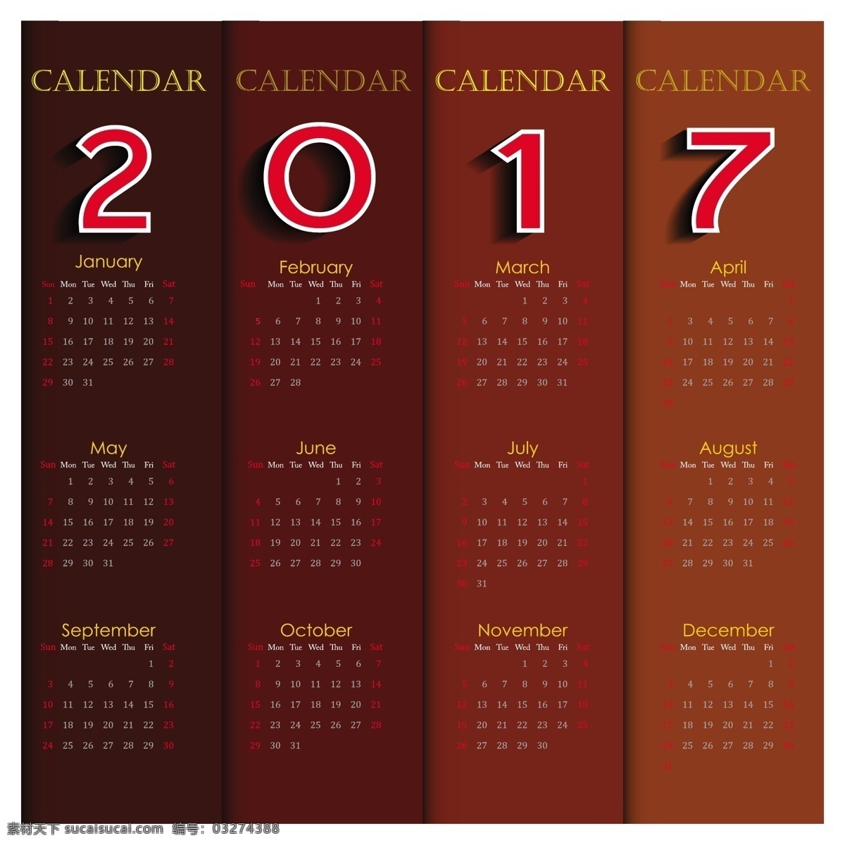 2017 年 日历 棕色 背景 模板 十二个月 红色