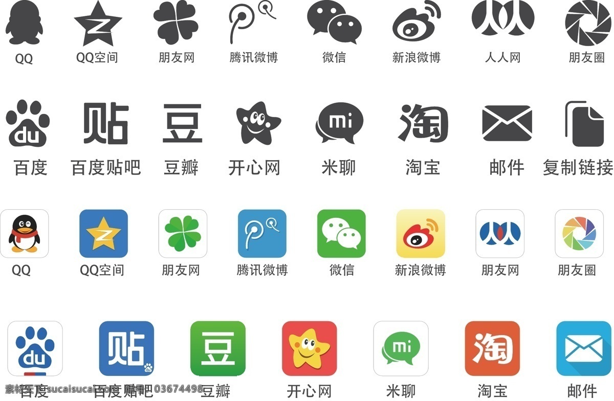 应用软件 logo qq qq空间 朋友网 腾讯微博 微信 新浪微博 人人网 朋友圈 百度 百度贴吧 豆瓣 开心网 米聊 淘宝 邮件 复制链接 标志图标 图标 手机软件 小图标 矢量图标 纯色 黑色 彩色 标识标志图标 网页图标 常用图标 各式各样 其他图标