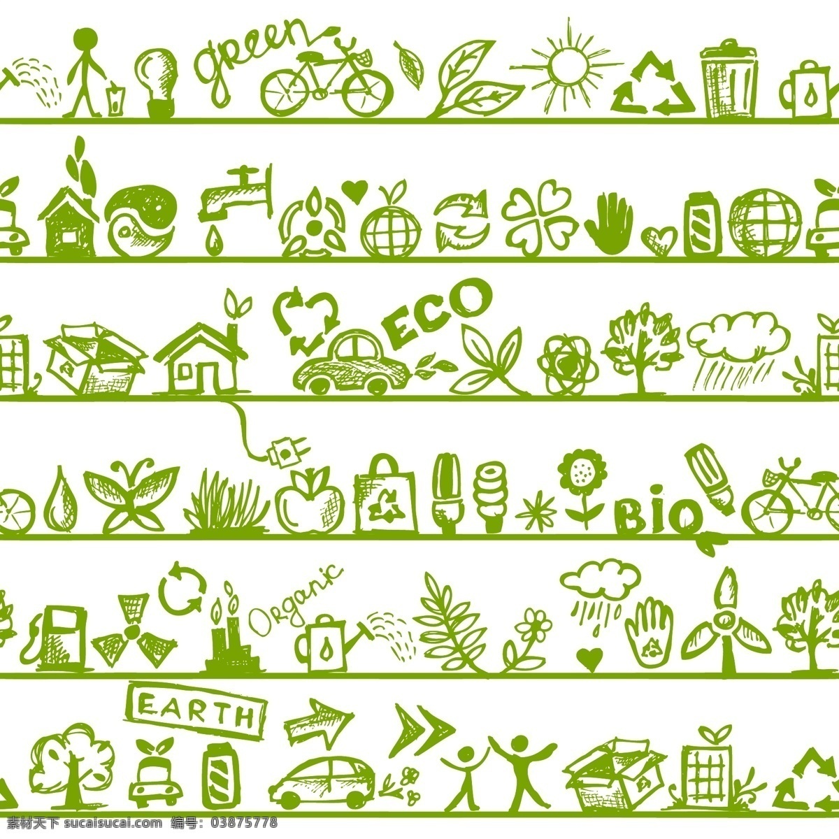 生态 环保 元素 创意地球 环保时尚 绿色环保 商标 手绘 英文简笔画 手绘绿色生活 矢量图